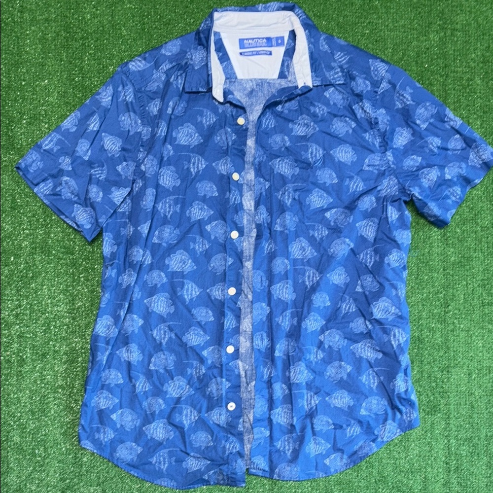 Nautica Blue and White Casual Button Down Shirt